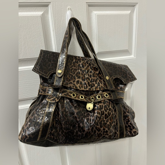 Charlie Lapson Croc Leopard Textured Print Satchel Bag Brass Hardware - Picture 1 of 16